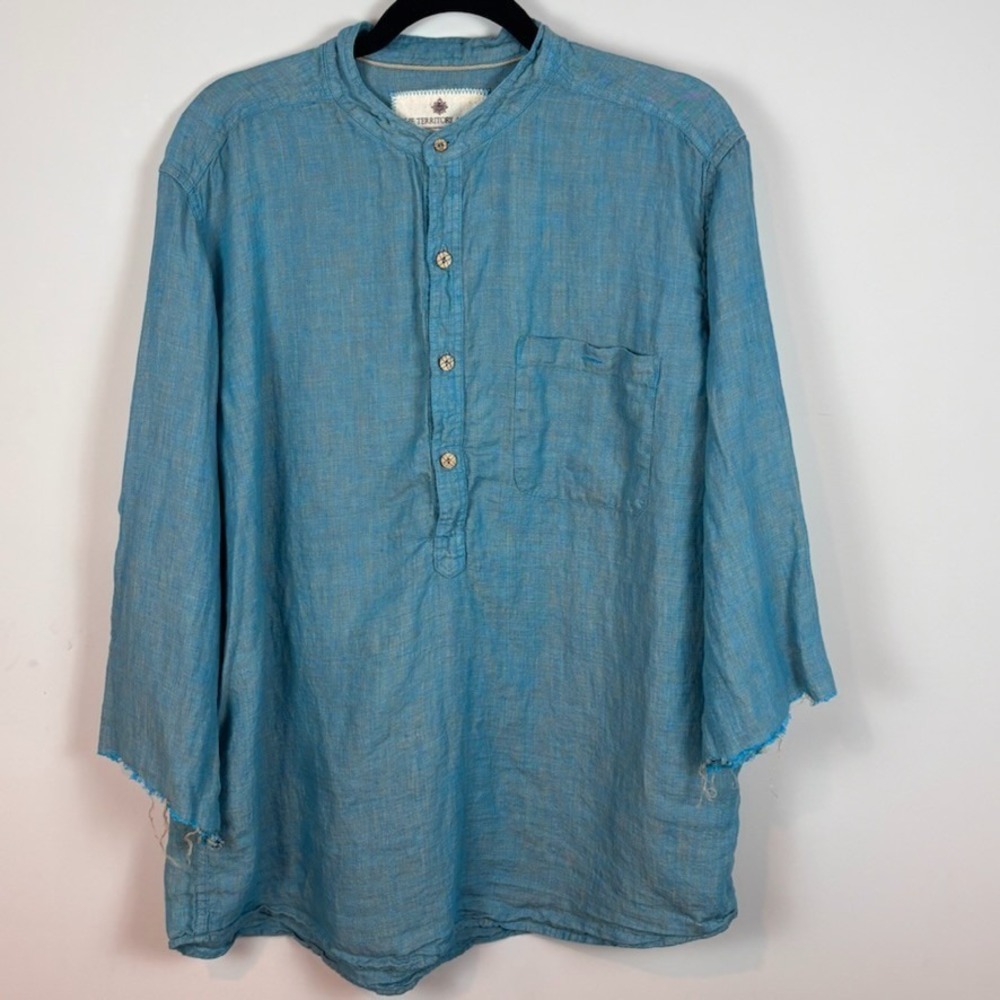 The Territory Ahead Womens 100% Linen Blue 3/4 Sleeve Top sz Large Boho Granola